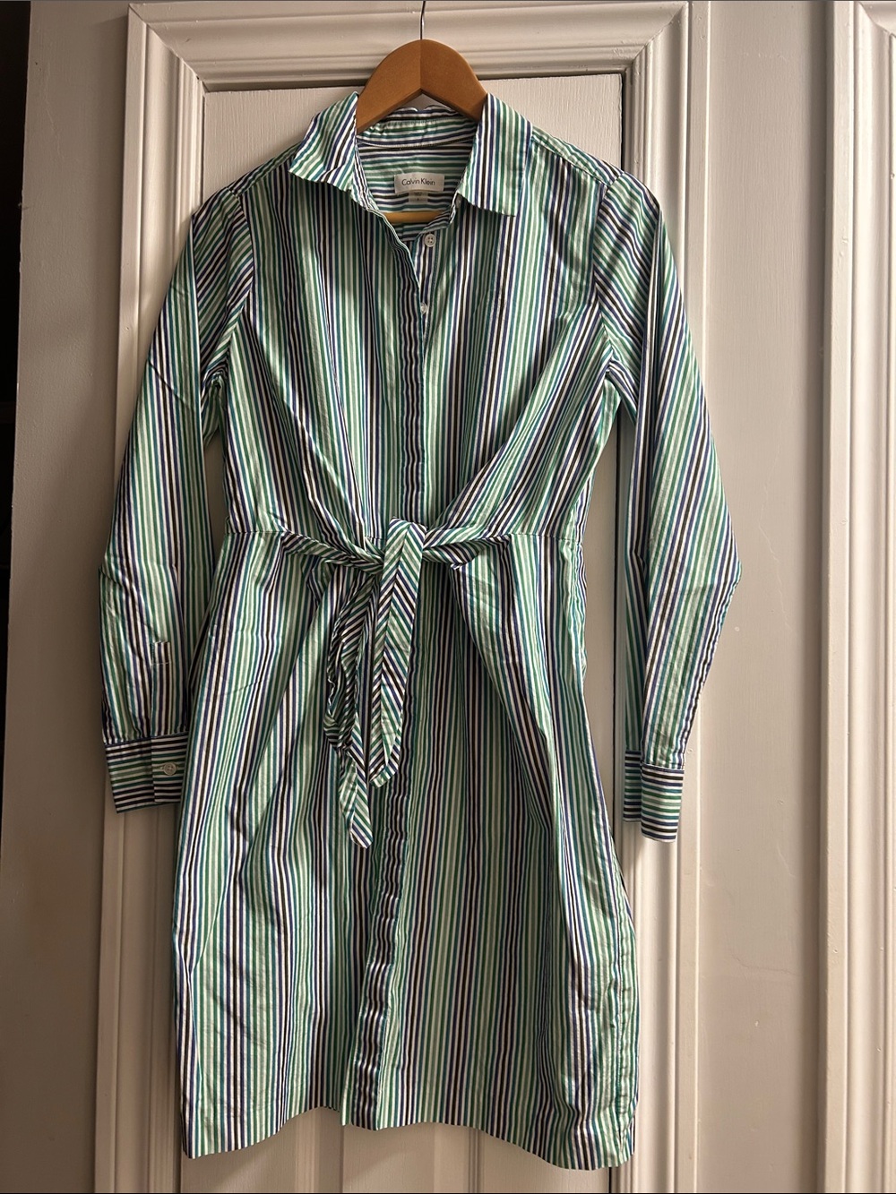 CALVIN KLEIN Striped Tie-Waist Long Sleeve Shirt Dress - Blue & Green